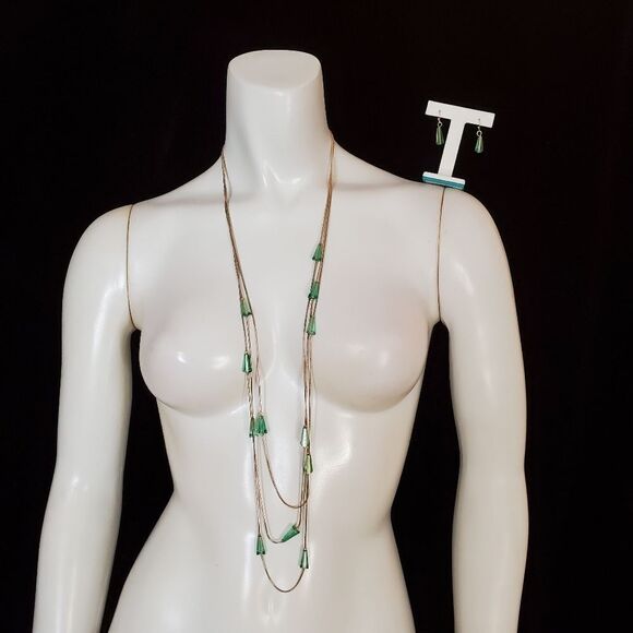 Charming Charlie Gold & Green Multilayer Necklace & Earrings Set - Picture 1 of 4